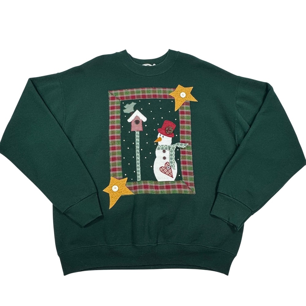 Vintage Fruit of the Loom Snowman Christmas Sweatshirt Green Large Made in USA